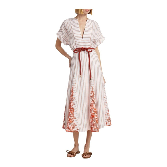 Silvia Tcherassi Cassandra Stripe Coral Midi Dress Size Large *** no belt - Picture 1 of 11